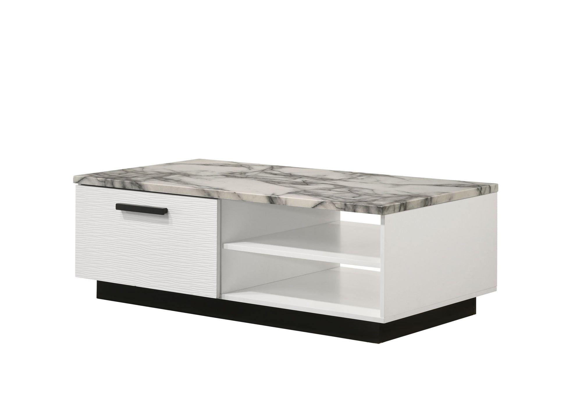 The Matilda Coffee Table features a white faux marble top, a white drawer with a black handle on the left, and two open shelves on the right, all set on a sleek black base.