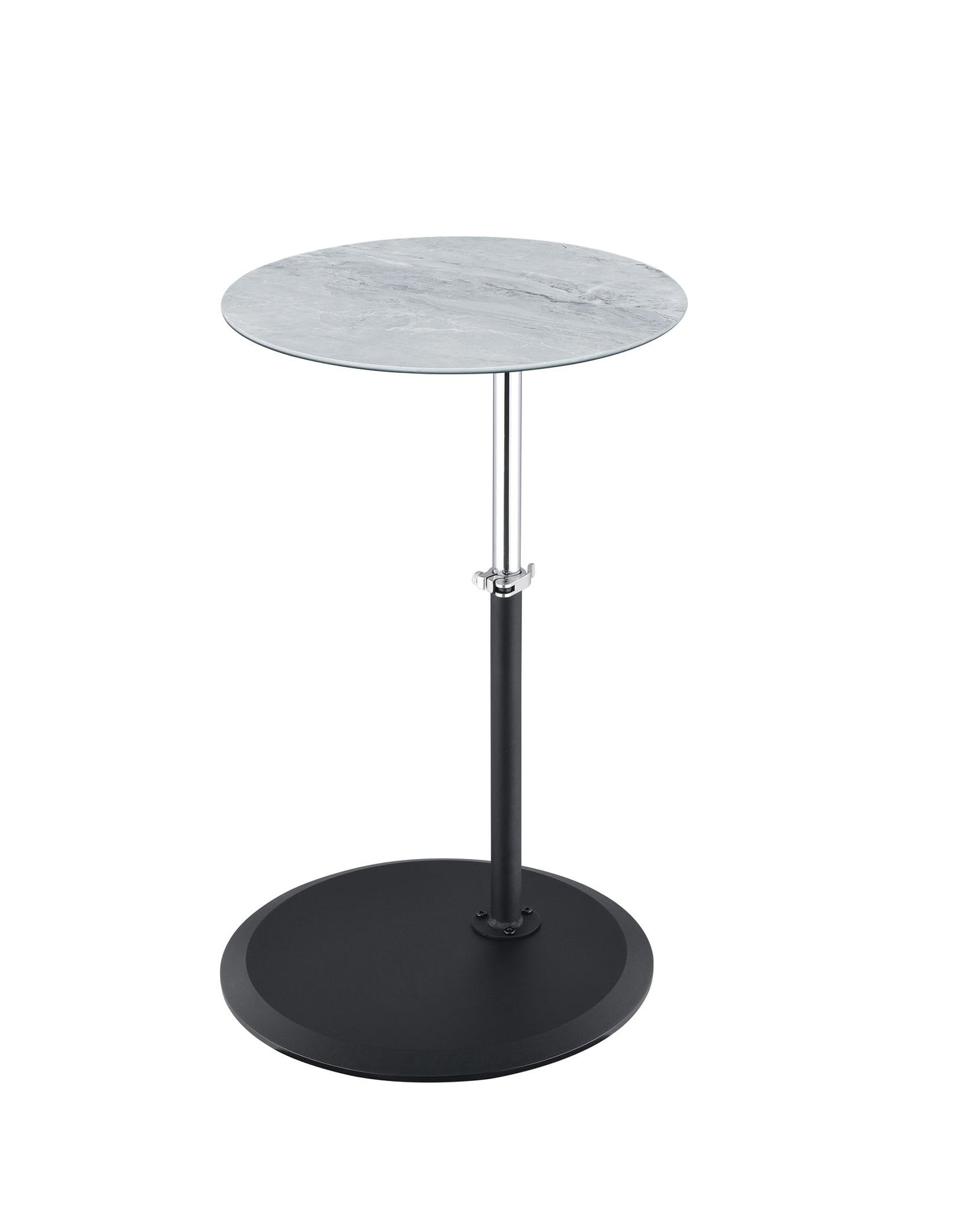 The Orbit 15.5" End Table features a height-adjustable, marble-textured round top, a slim metal support, and a circular black base for a minimalist, contemporary look.