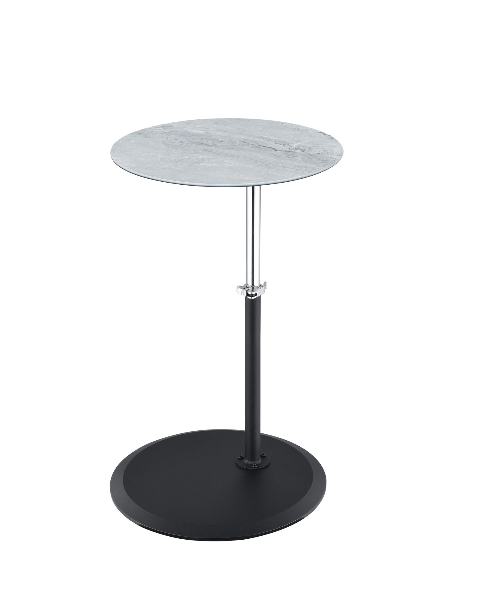 The Orbit 15.5" End Table features a height-adjustable, marble-textured round top, a slim metal support, and a circular black base for a minimalist, contemporary look.