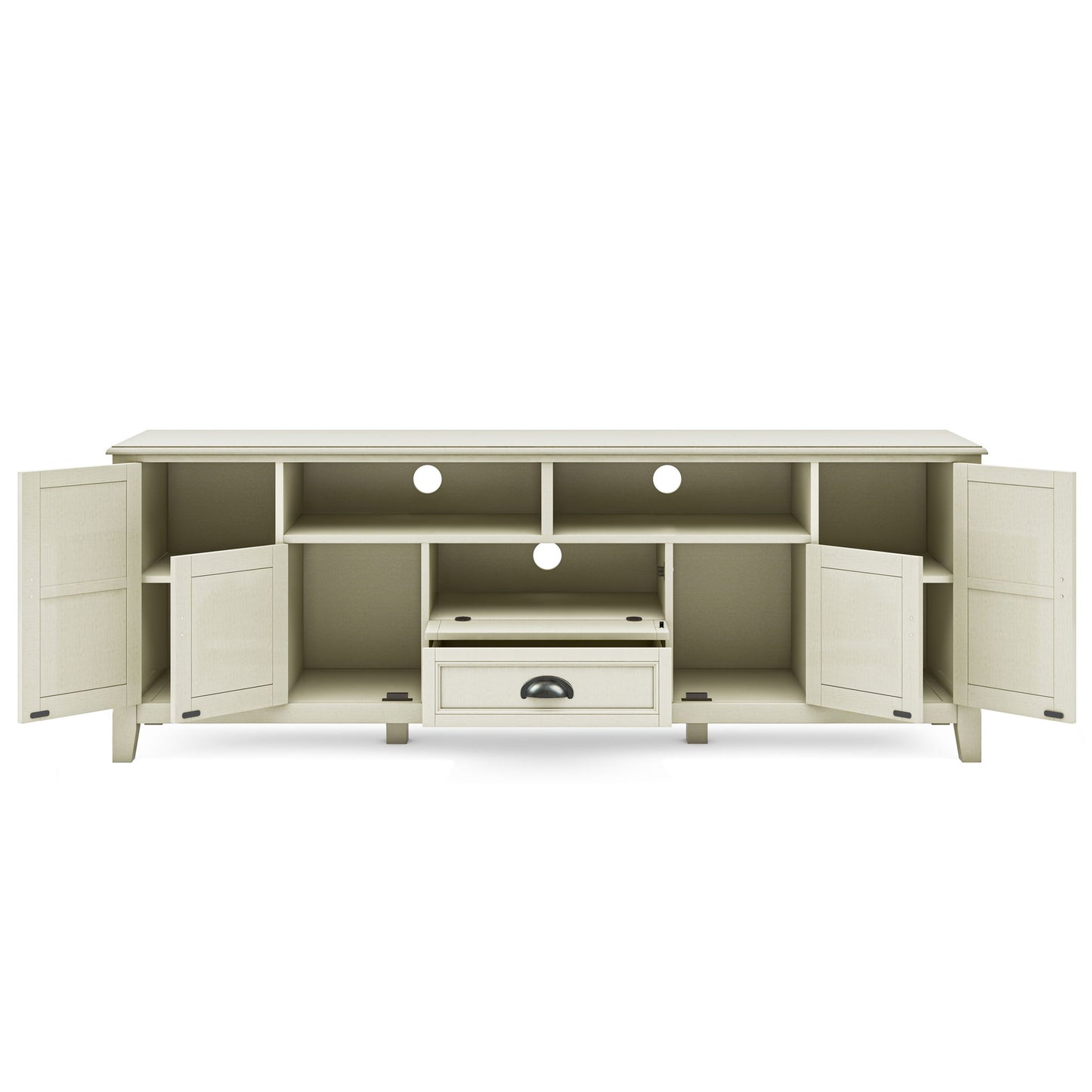 The Burlington - TV Media Stand features a cream finish, four open shelves, two side cabinets with doors, a central open compartment, and a drawer below. Circular cable management holes are located at the back.