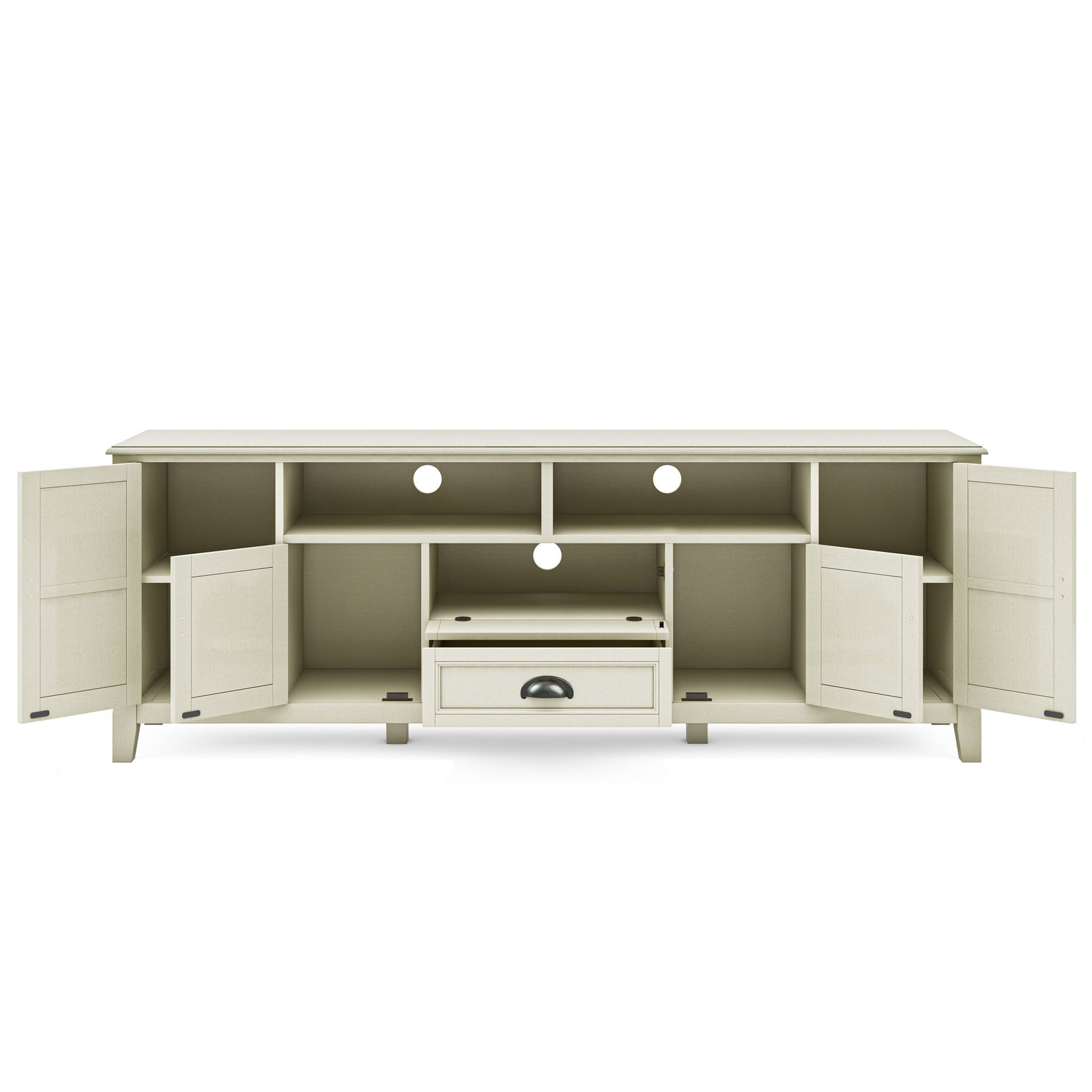 The Burlington - TV Media Stand features a cream finish, four open shelves, two side cabinets with doors, a central open compartment, and a drawer below. Circular cable management holes are located at the back.