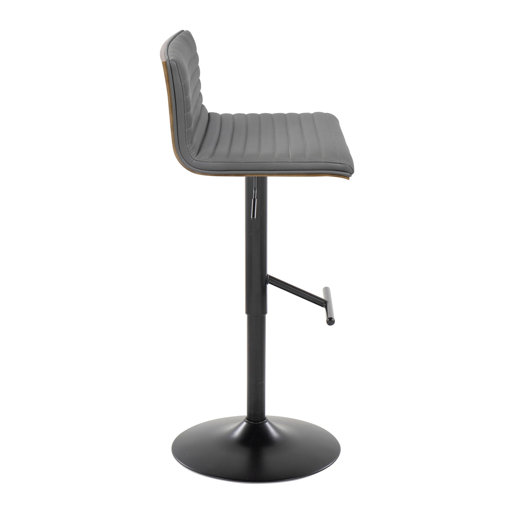 Side view of the Mason contemporary adjustable barstool (set of 2) featuring a black metal base, swivel, straight T footrest, and cushioned seat and backrest in dark gray upholstery with horizontal stitching.