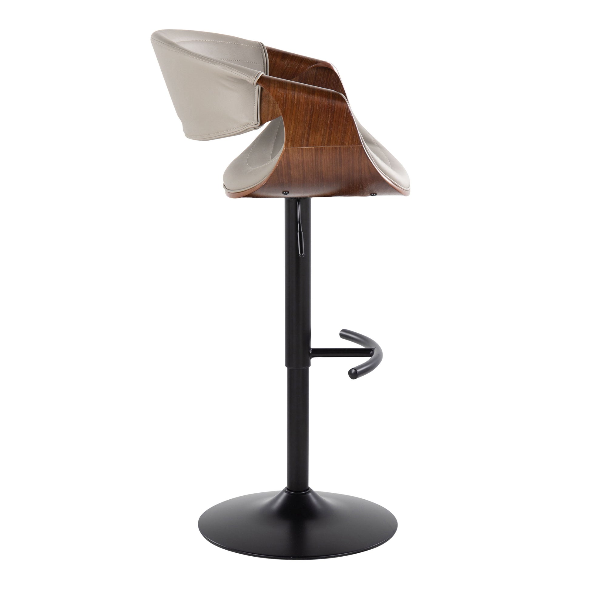 Side view of the Symphony barstool, showcasing a brown wooden backrest and light gray seat atop a black metal base with a rounded T footrest and flat circular base for stability.