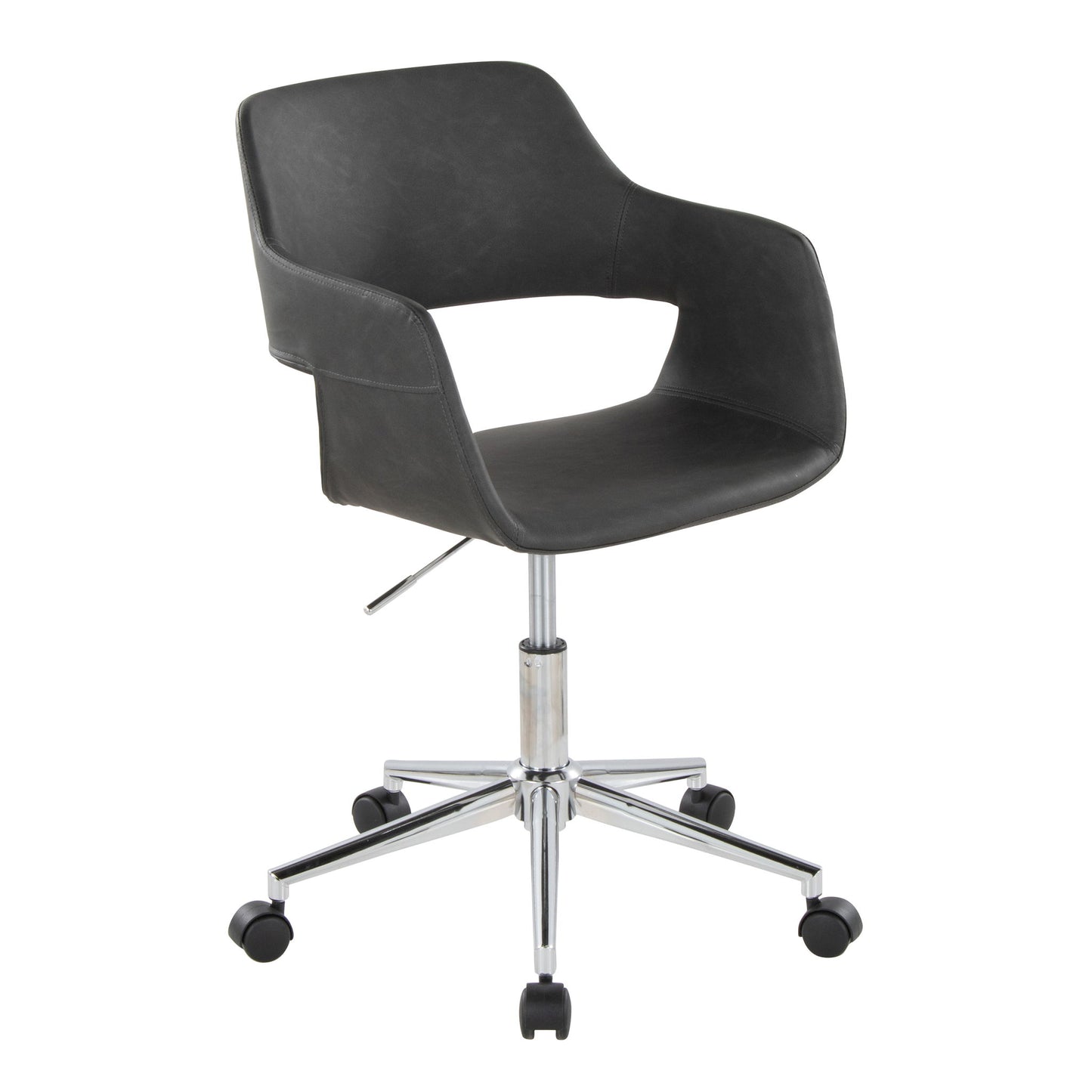 The Margarite - Contemporary Office Task Chair features a modern black design with armrests, an open lower back, and a chrome metal base on five caster wheels. It includes an adjustable height lever beneath the seat.