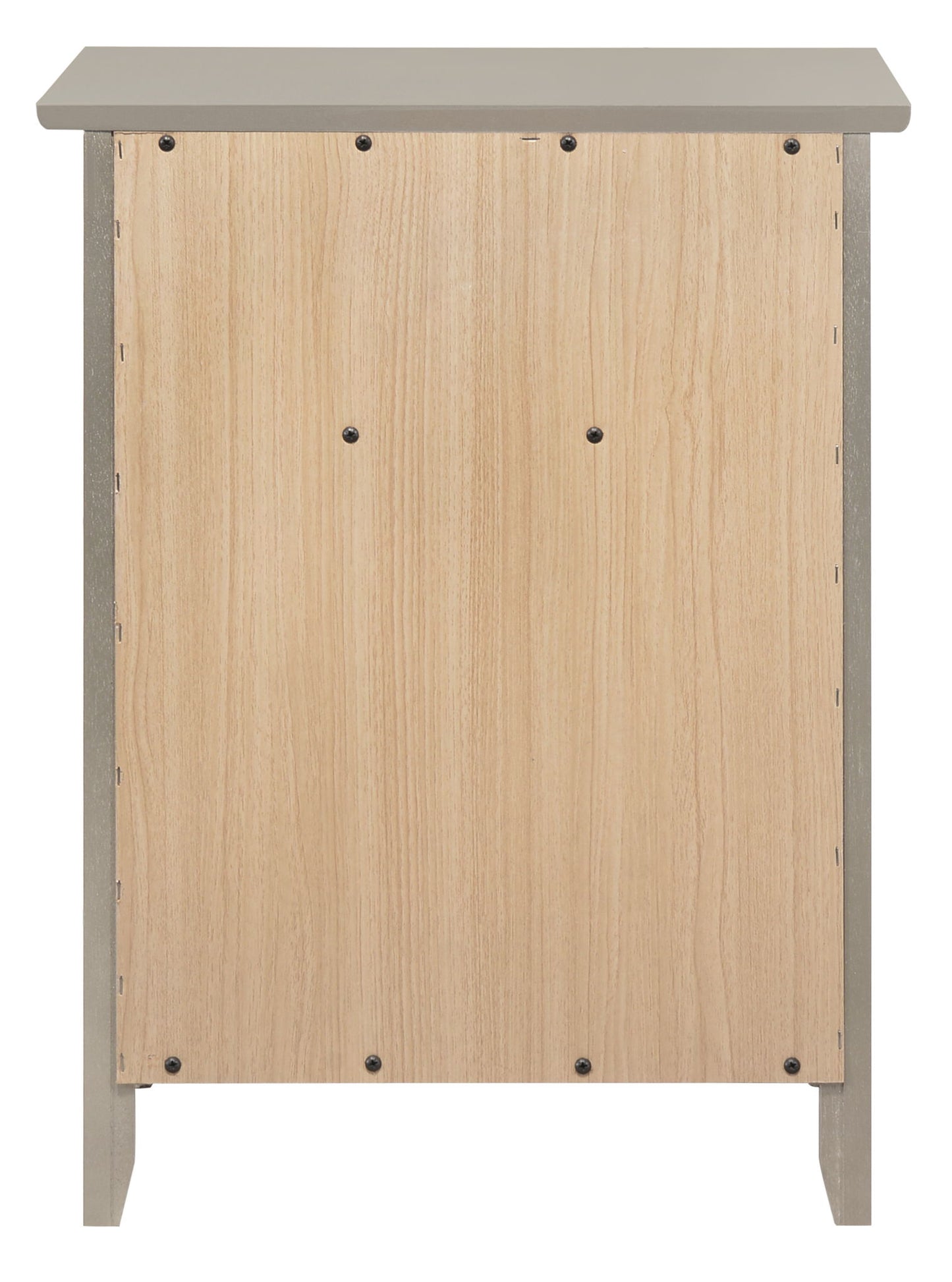 The Izzy 1 Drawer/1 Door Nightstand is shown from the back, featuring a light wood panel with black screws and gray accents visible on the sides.