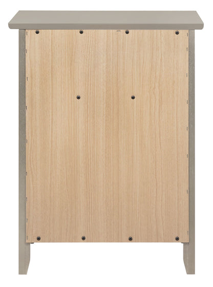 The Izzy 1 Drawer/1 Door Nightstand is shown from the back, featuring a light wood panel with black screws and gray accents visible on the sides.