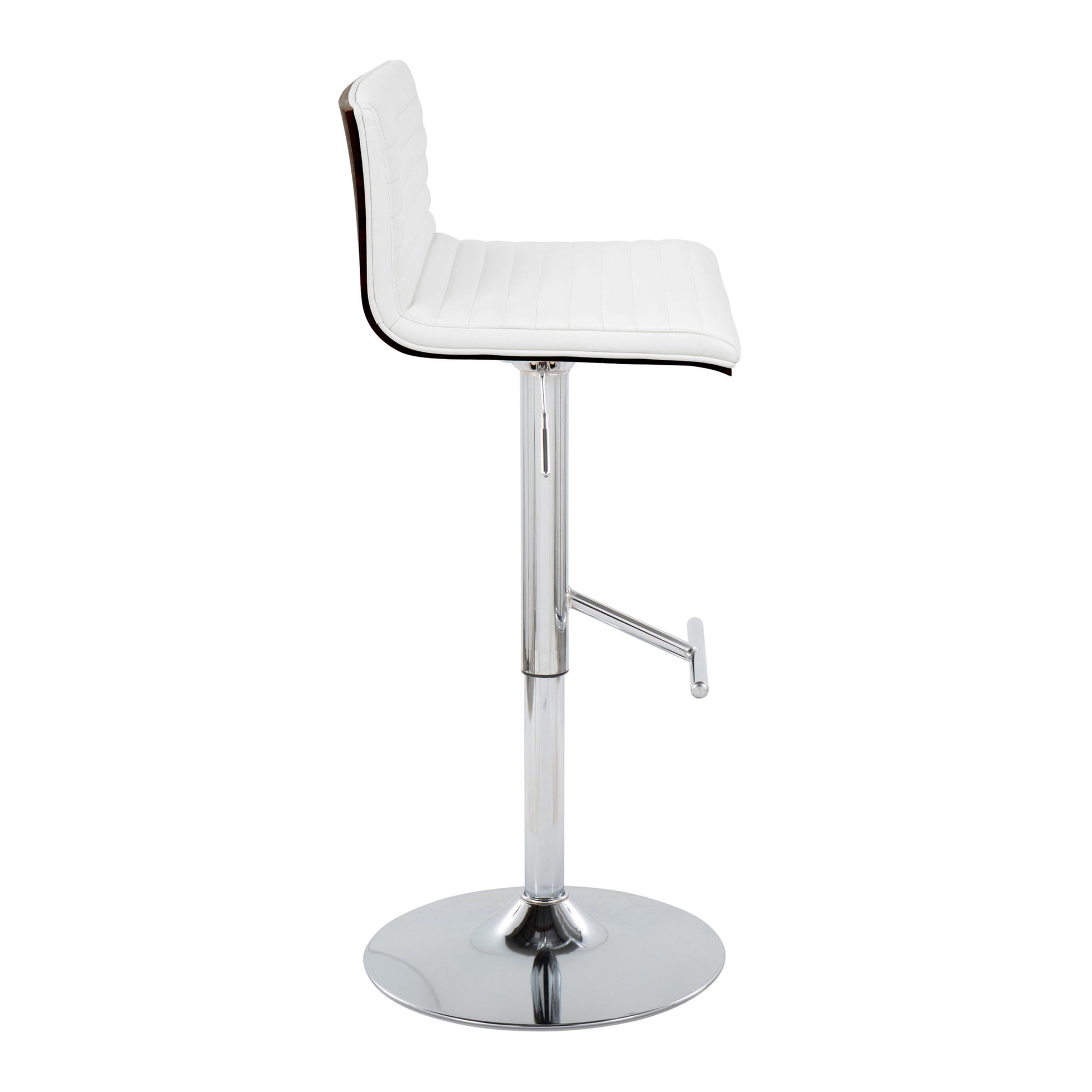 The image shows a side view of the Mason Contemporary Adjustable Barstool & Swivel (Set of 2), featuring a modern white padded seat and backrest with horizontal stitching, chrome base, straight T footrest, and adjustable height lever.