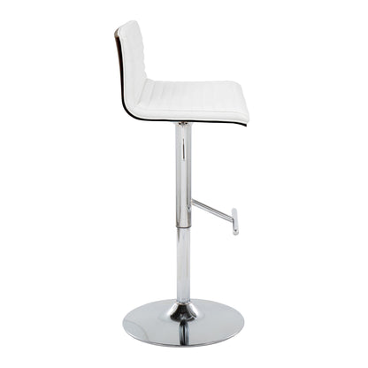 The image shows a side view of the Mason Contemporary Adjustable Barstool & Swivel (Set of 2), featuring a modern white padded seat and backrest with horizontal stitching, chrome base, straight T footrest, and adjustable height lever.