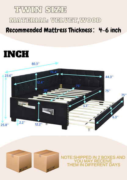 Diagram of the Upholstered Twin Size Daybed Bed Frame (Corner Bed) with trundle, labeled in inches. Features velvet fabric, studding design, wood construction. Recommended mattress thickness: 4-6". Ships in 2 boxes that may arrive separately.