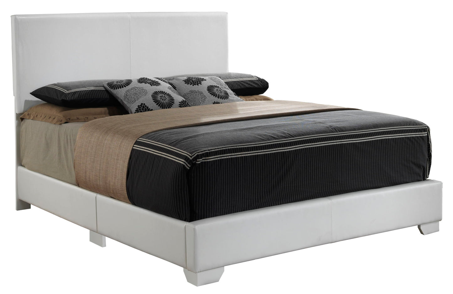 The Elegant Platform Bed For Relaxed Spaces features a white upholstered headboard and frame, dressed in black, brown, and beige bedding with three decorative pillows that have black floral patterns.