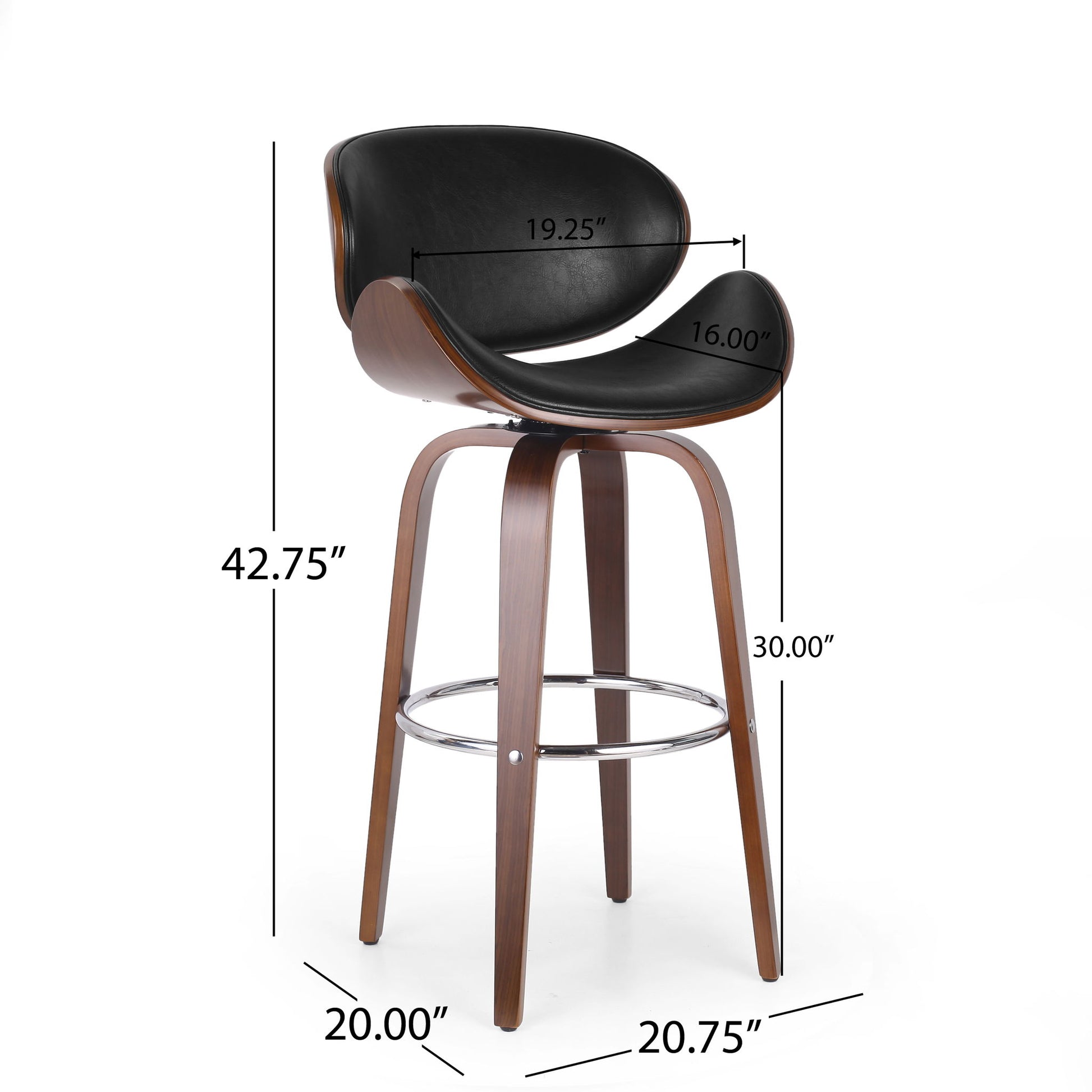 The Lumos Mid Century Modern Upholstered Swivel Barstool features a curved black seat, wooden legs with a chrome footrest, and measures 42.75" high with a 30" seat height, 19.25" wide by 16" deep seat, and leg width of 20" x 20.75".