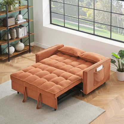 The Folding Sofa Bed With Adjustable Back Access To Sofa Recliner Single Bed Adult Modern Chair Bed, shown in rust color with tufted cushions, is unfolded in a bright room with wood floors, large window, potted plant, bookshelf, and visible side pocket.