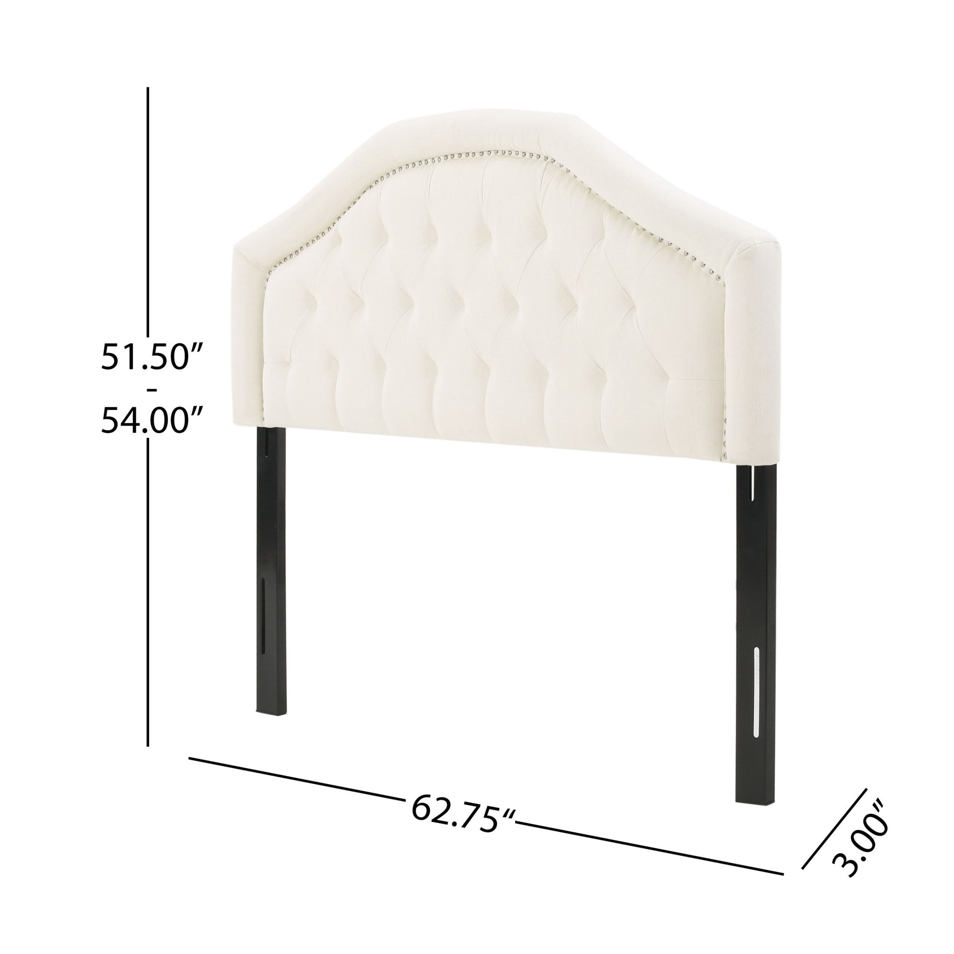 Kaarina - Contemporary Tufted Fabric Headboard in cream with black legs; height adjustable from 51.5" to 54", width 62.75", depth 3".