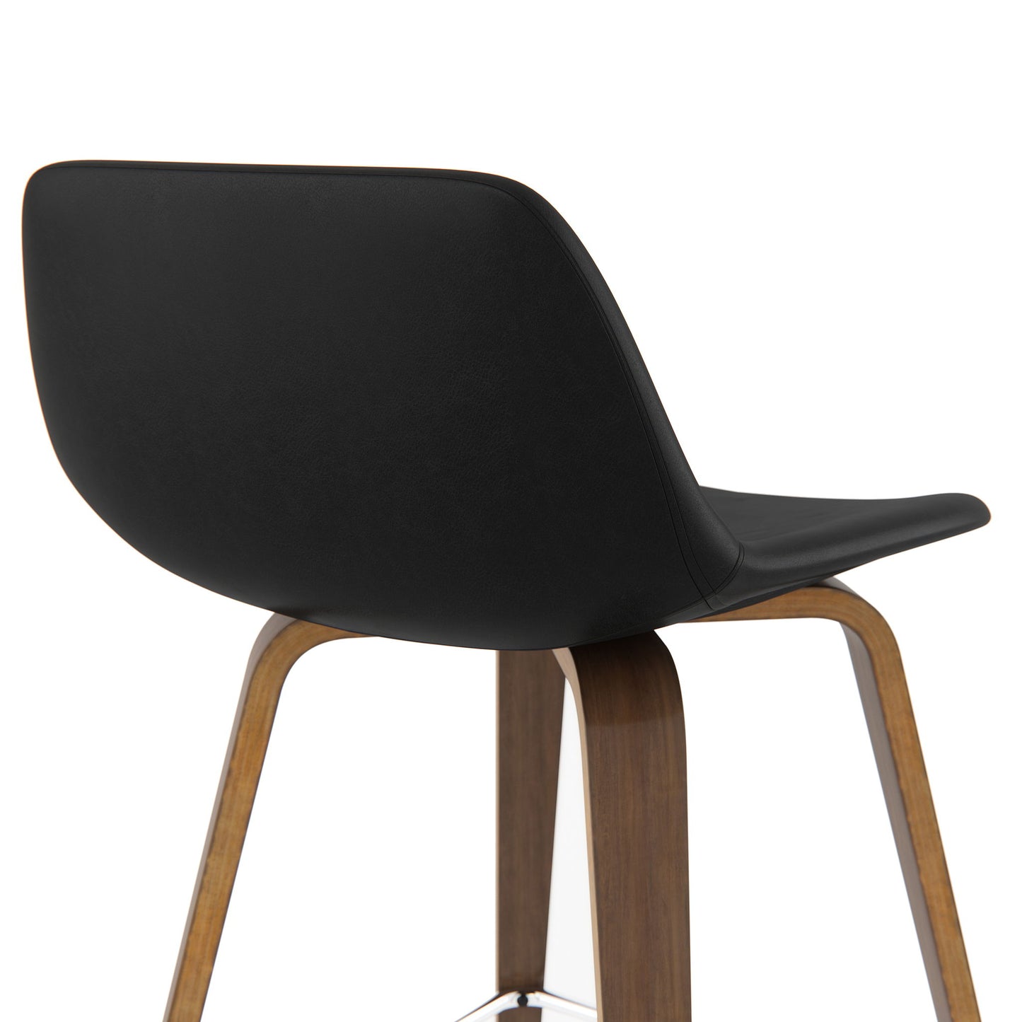 The Randolph Bentwood Counter/Bar Height Stool (Set of 2) features a sleek, minimalist design with black curved seats, wooden legs, smooth finish, and metal footrests—shown from the back and side.