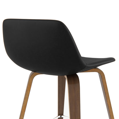 The Randolph Bentwood Counter/Bar Height Stool (Set of 2) features a sleek, minimalist design with black curved seats, wooden legs, smooth finish, and metal footrests—shown from the back and side.