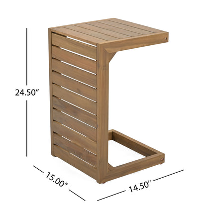 The Aluminum Outdoor C-Shaped Side Table for Patio features slatted sides and top. Dimensions: 24.5" H x 15" D x 14.5" W.