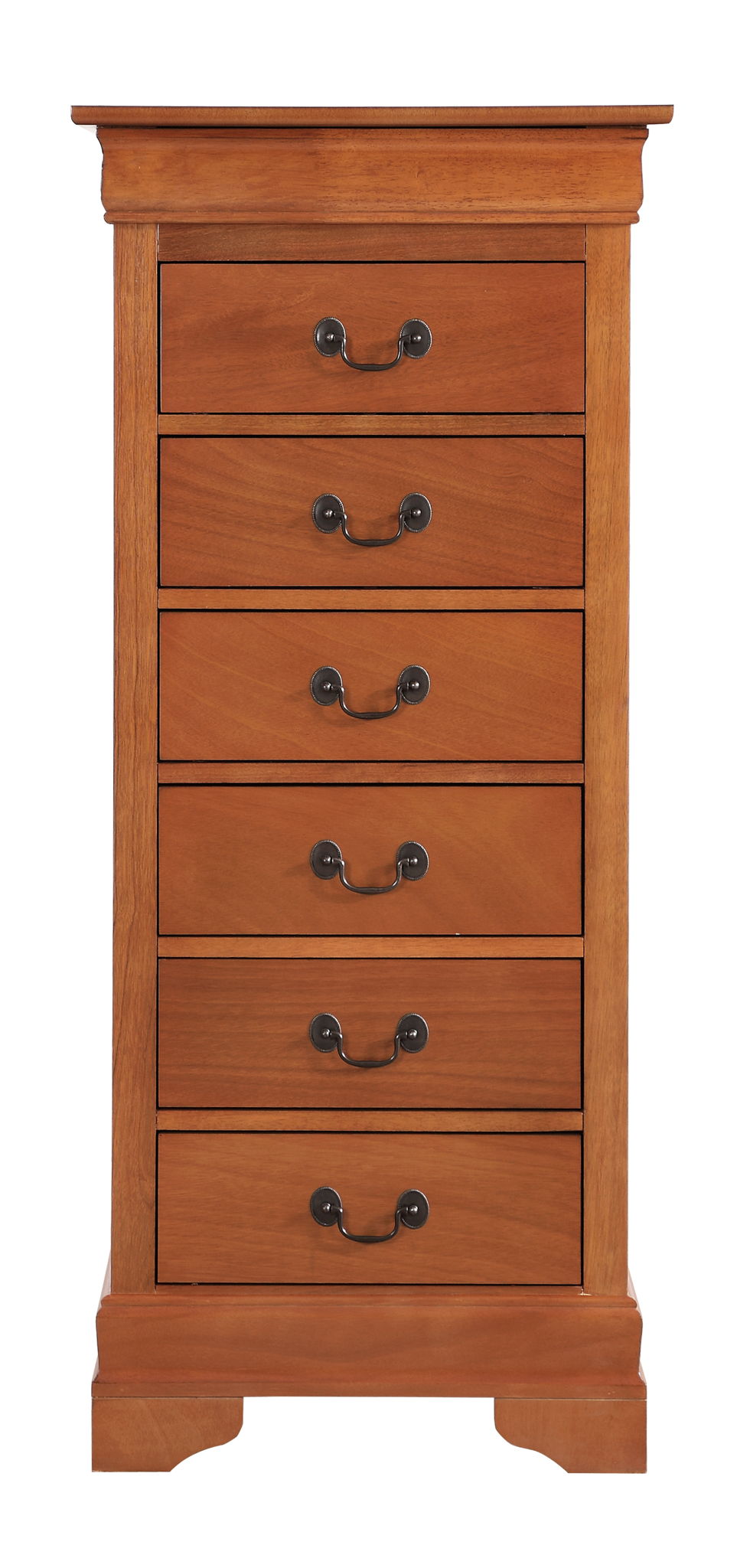 The Traditional Style Lingerie Storage Chest Timeless is a tall wooden dresser with six drawers, ornate black metal handles, a warm brown finish, and a classic, sturdy design featuring a subtly decorative base.