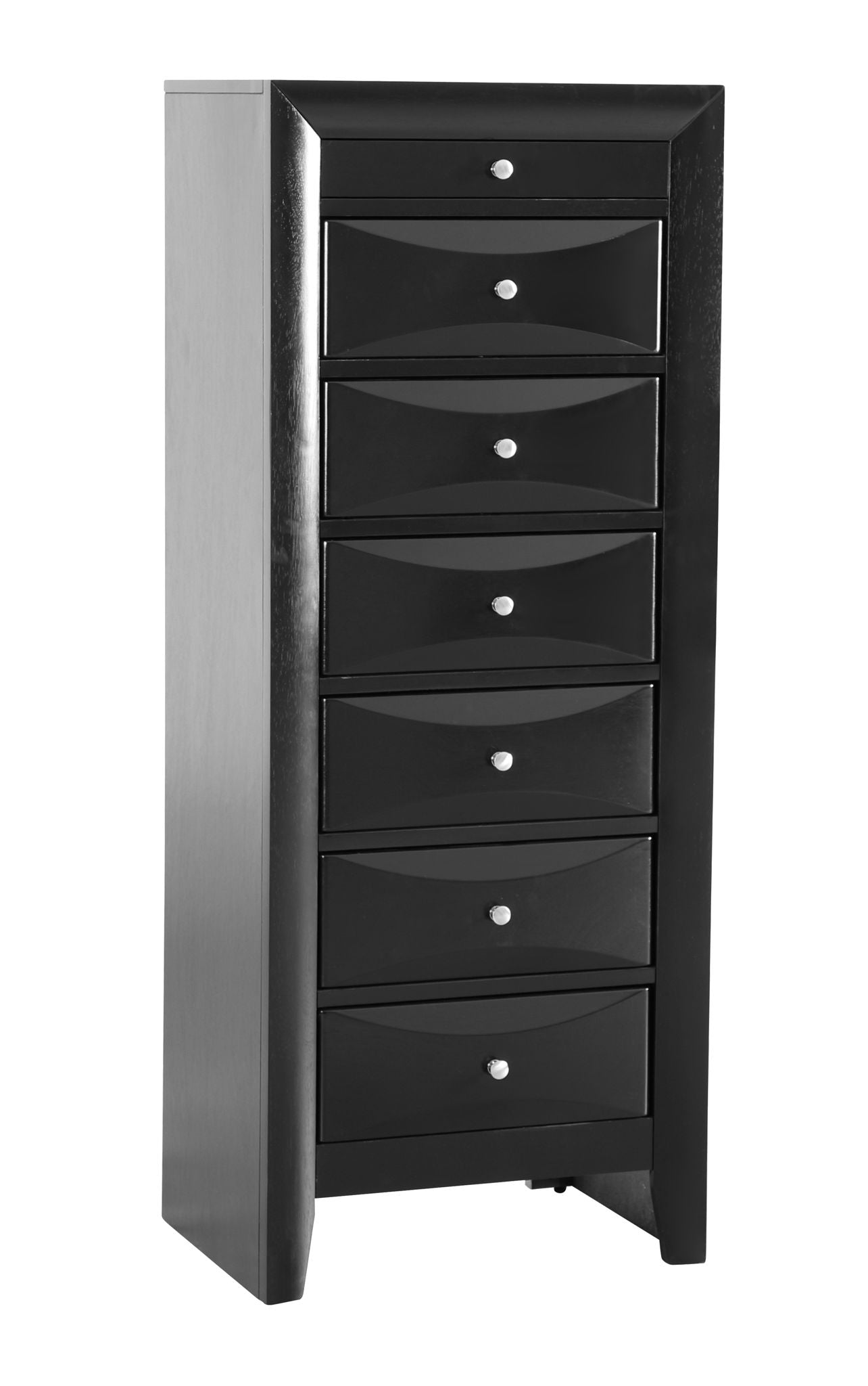 The Marilla 7 Drawer Lingerie Chest features a tall black wooden body with seven drawers, each with a round silver knob, a glossy finish, and a modern design highlighted by its slightly angled top.