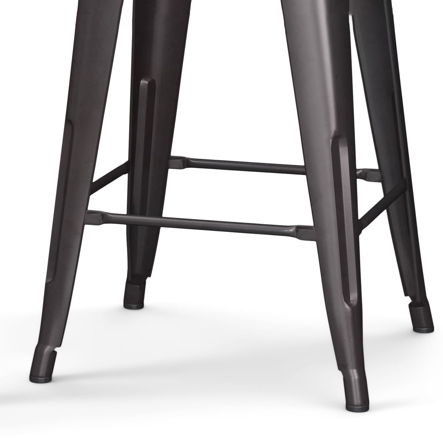Close-up of the metal legs and footrest of the Rayne Multifunctional Metal Stool in a dark gray finish, set against a white background.
