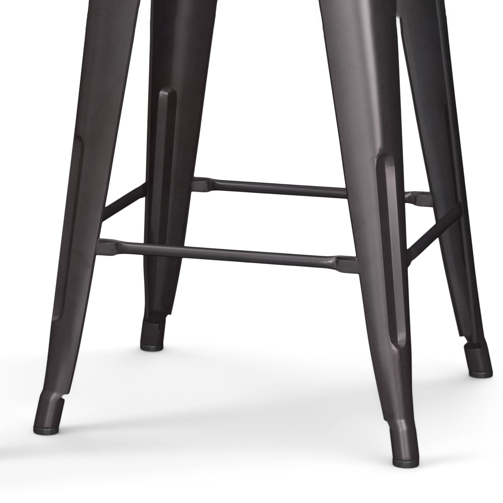 Close-up of the metal legs and footrest of the Rayne Multifunctional Metal Stool in a dark gray finish, set against a white background.