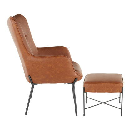 Side view of the Izzy - Industrial Lounge Chair & Ottoman Set in brown leather with slim black metal legs, featuring a matching rectangular ottoman, both displayed against a white background.