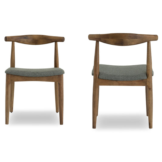 The Destiny - Modern Dining Chairs (Set of 2) features two wooden chairs with curved backrests and gray upholstered seats, displayed front and back against a white background.
