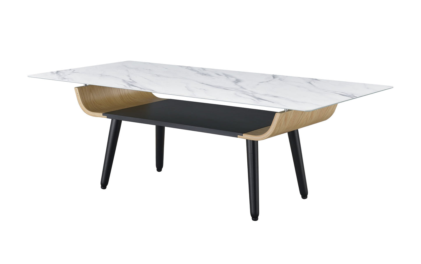 The Landon Coffee Table features a modern rectangular design with a glass marble texture top, bent wood sides, a lower black shelf, and four black tapered legs.