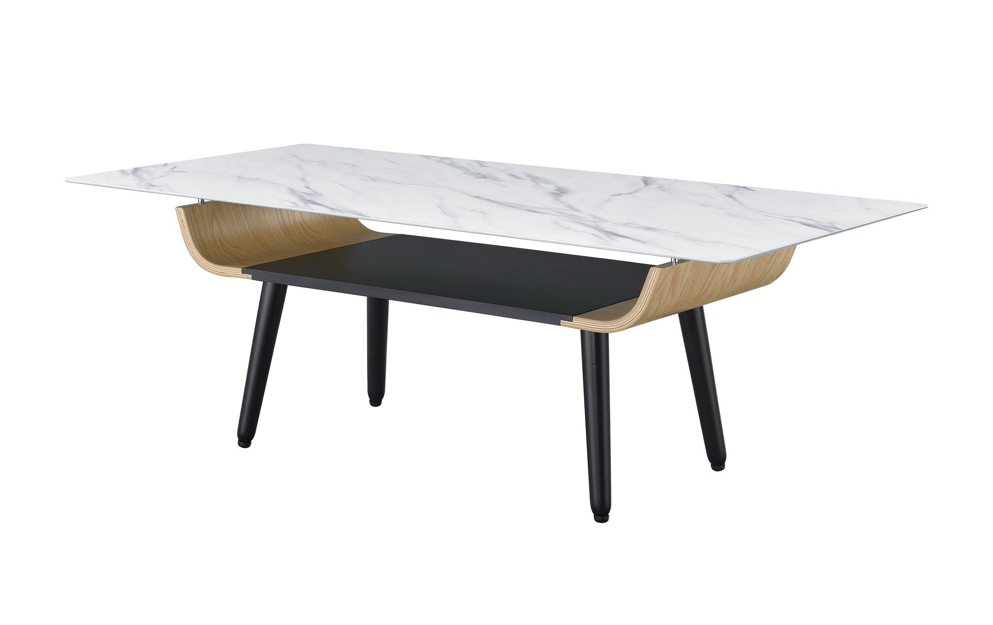 The Landon Coffee Table features a modern rectangular design with a glass marble texture top, bent wood sides, a lower black shelf, and four black tapered legs.