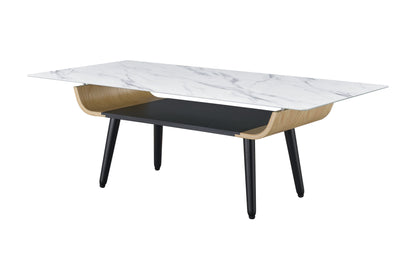 The Landon Coffee Table features a modern rectangular design with a glass marble texture top, bent wood sides, a lower black shelf, and four black tapered legs.