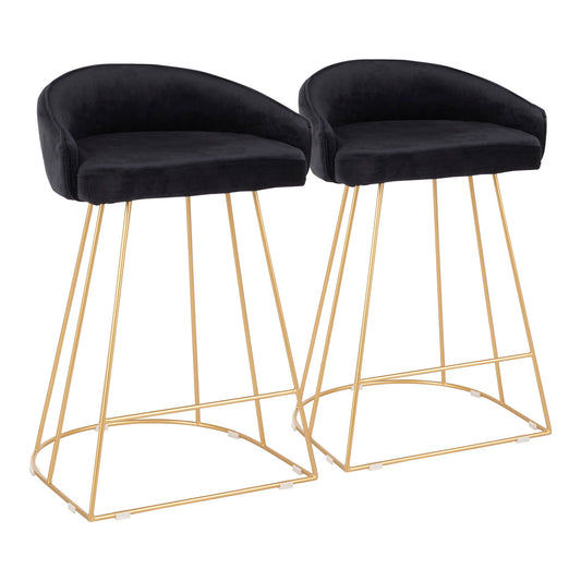 A set of two Canary Contemporary Counter Stools with black curved seats and gold metal wireframe legs, shown side by side on a white background.