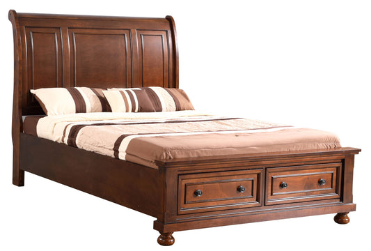 The Meade Sleigh Bed features a wooden frame, a high headboard, beige and brown bedding, and two storage drawers in the footboard, displayed on a white background.
