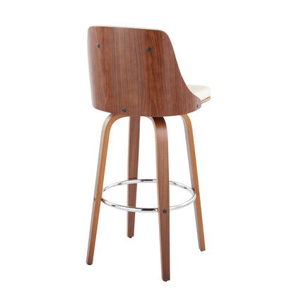 The Gianna Mid Century Modern Fixed Height Barstool (Set of 2) features a curved wooden backrest, four legs, a white cushioned seat, and a round chrome footrest. Shown from an angled rear view with a smooth mid-century finish and swivel function.