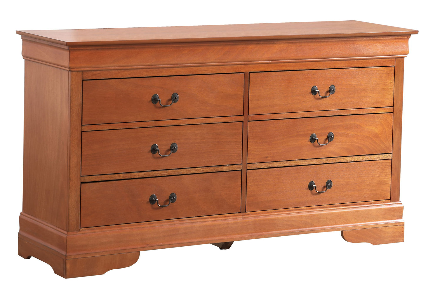 The Elegant Traditional Storage Dresser features six drawers in two rows of three, with a natural wood finish and metal handles on each drawer.