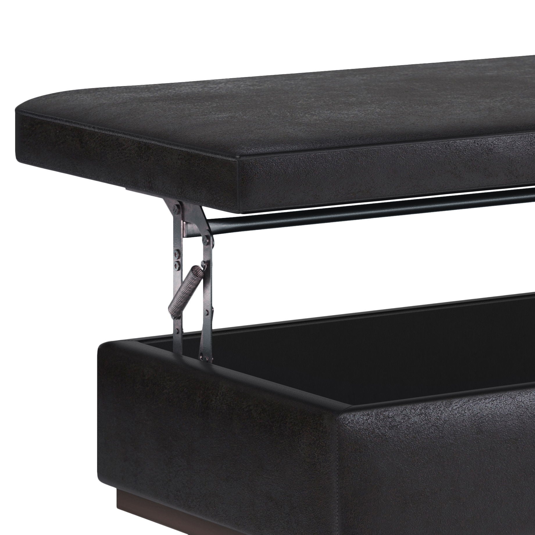 A close-up of the Owen - Lift Top Large Coffee Table Storage Ottoman in black, featuring its cushioned top lid open to reveal a metal hinge mechanism and a spacious interior storage compartment.