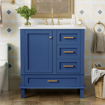 Modern bathroom vanity with a solid wood frame, soft-closing door, 3 drawers, sink combo set, white countertop and gold faucet. Mirror above; beige towels on the wall and wicker basket beside the cabinet for storage.