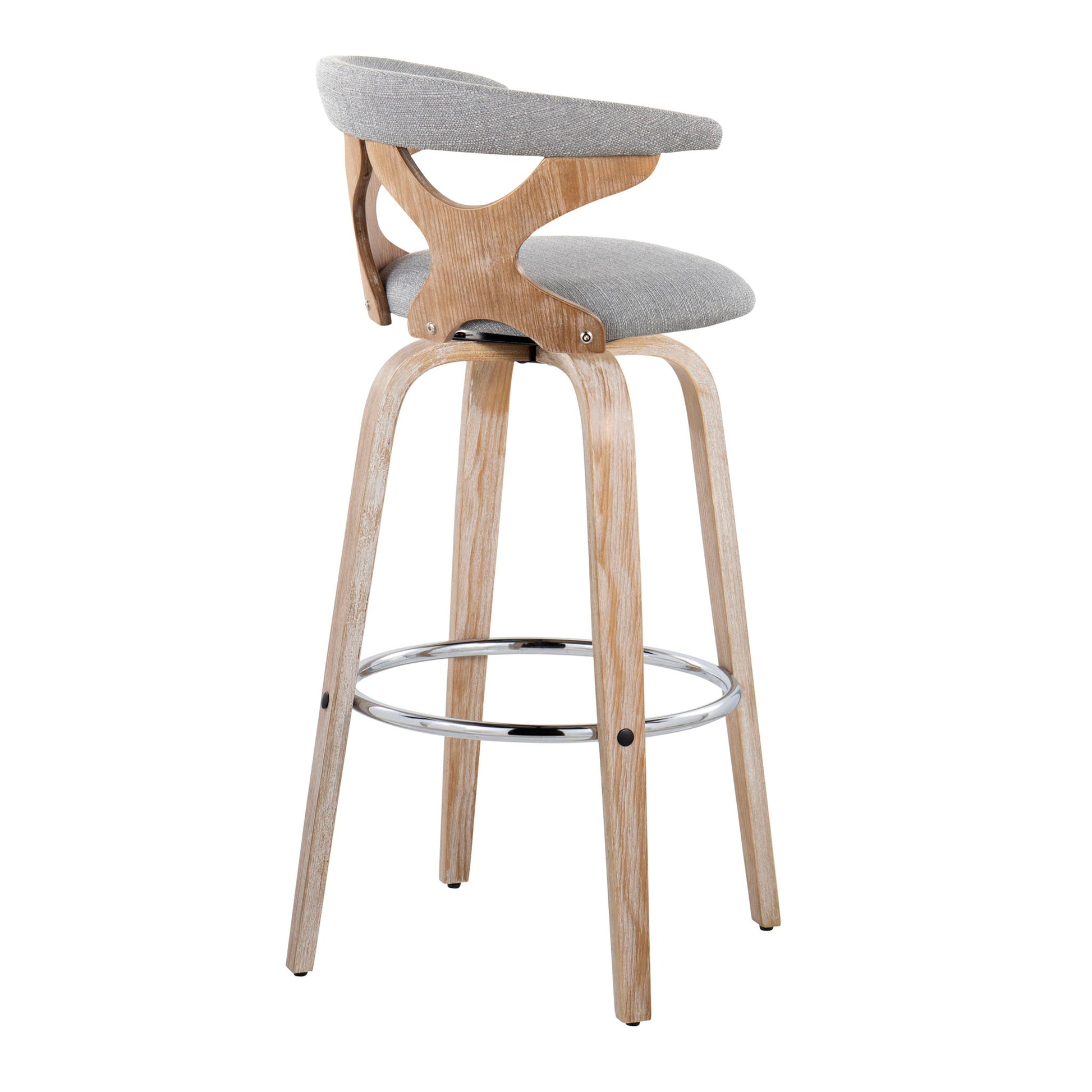 The Gardenia Contemporary Fixed Height Barstool (Set of 2) features light wood legs, a round metal footrest with swivel function, and a gray upholstered seat and backrest with a stylish cutout design.