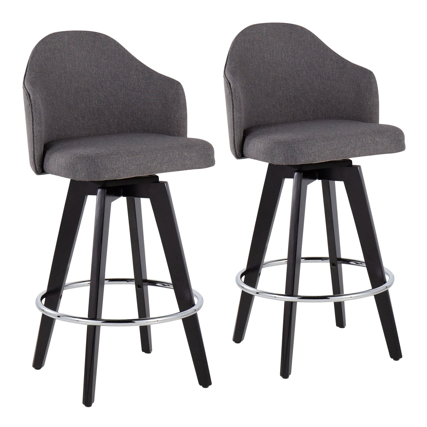 The Ahoy set includes two contemporary fixed-height counter stools with gray upholstered seats and backs, black wooden legs, and round chrome footrests, shown side by side on a white background.