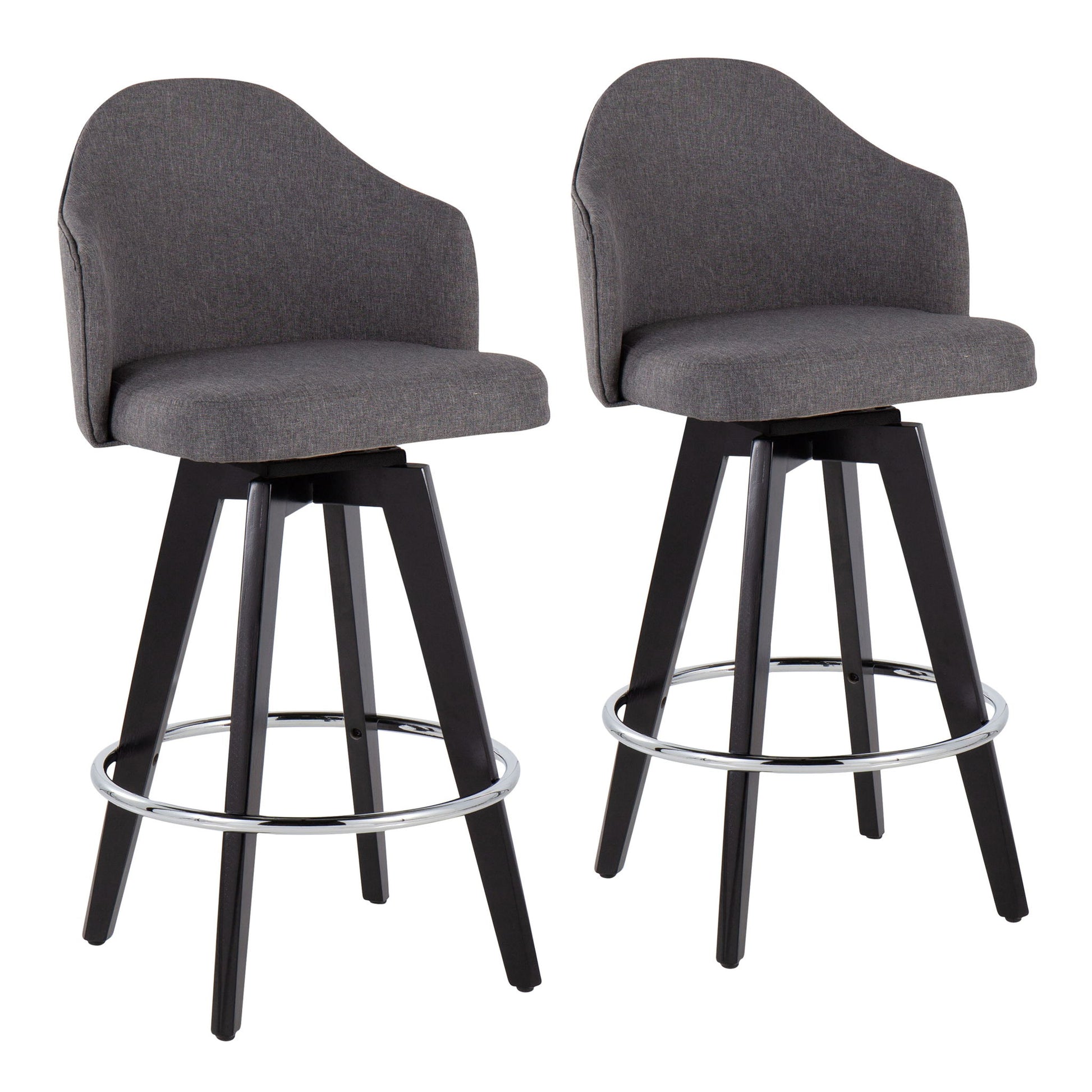 The Ahoy set includes two contemporary fixed-height counter stools with gray upholstered seats and backs, black wooden legs, and round chrome footrests, shown side by side on a white background.