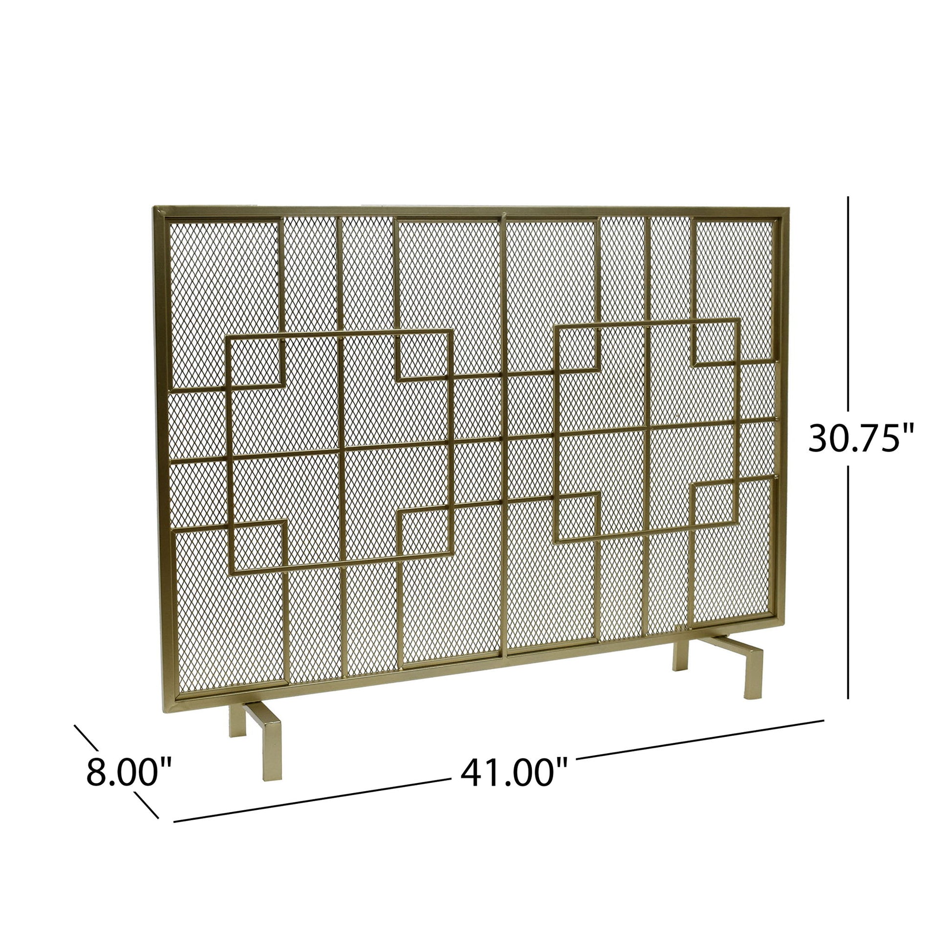 The Dorothy Modern Single Panel Iron Fire Screen features gold metal with geometric square patterns, a mesh background, and rectangular base. It measures 41"W x 30.75"H x 8"D.
