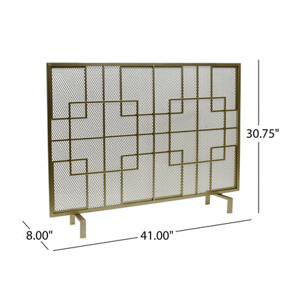 The Dorothy Modern Single Panel Iron Fire Screen features gold metal with geometric square patterns, a mesh background, and rectangular base. It measures 41"W x 30.75"H x 8"D.