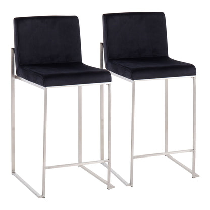 Two Fuji Contemporary High Back Counter Stools with black cushioned seats, silver metal frames, and footrests are set side by side on a white background, showcasing their functional modern design.