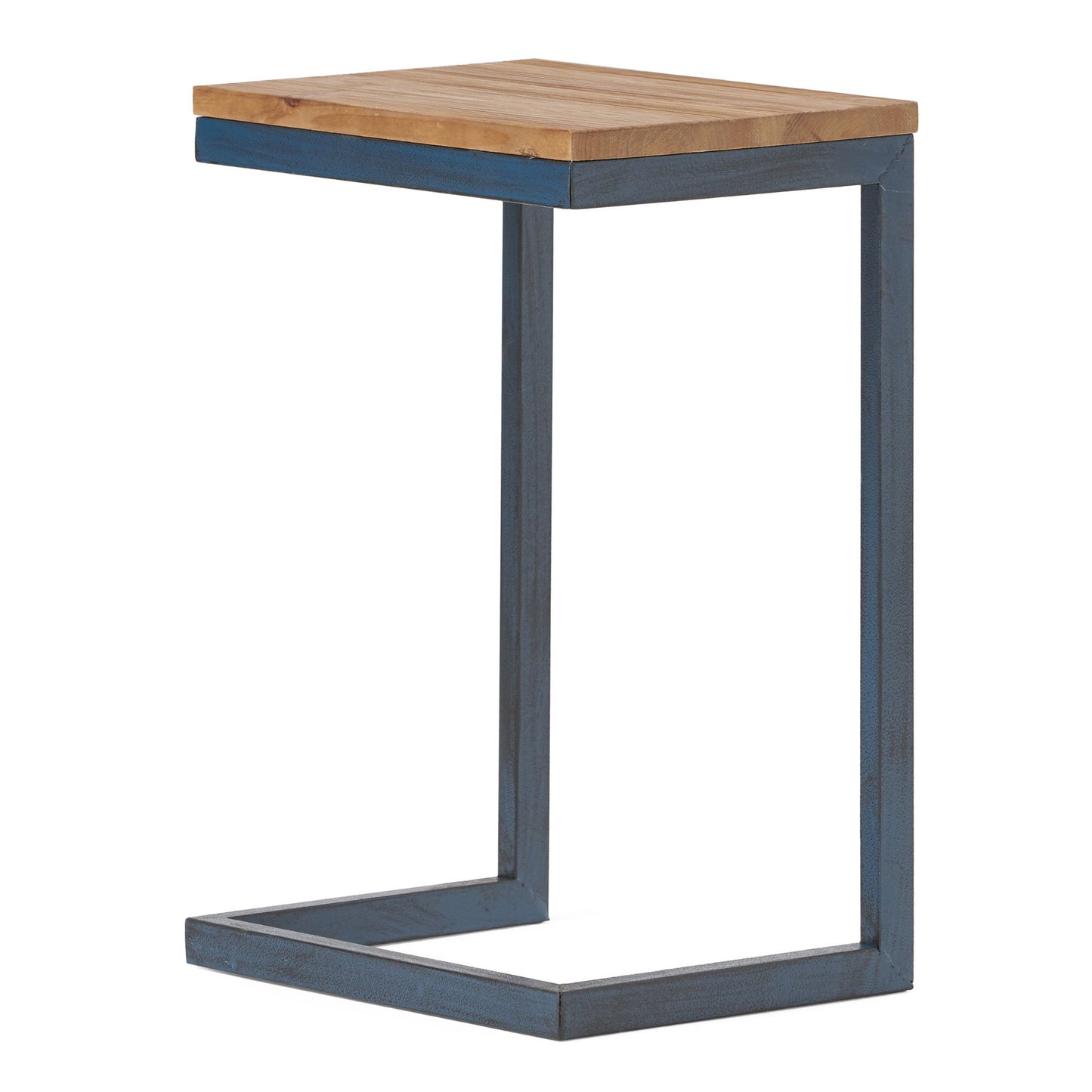 The C Shaped End Table features a square fir wood top and a minimalist open iron base, finished in dark blue.