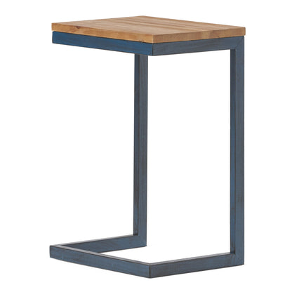 The C Shaped End Table features a square fir wood top and a minimalist open iron base, finished in dark blue.