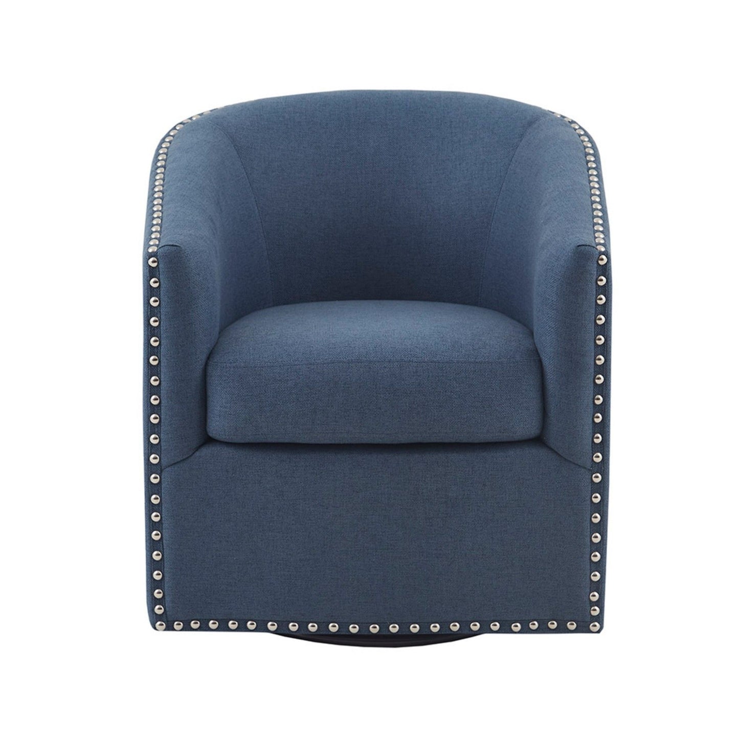 The Luxurious Chair With 360 Degree Rotation is a blue upholstered barrel armchair with silver nailhead trim and cushioned seat and backrest, displayed against a white background.