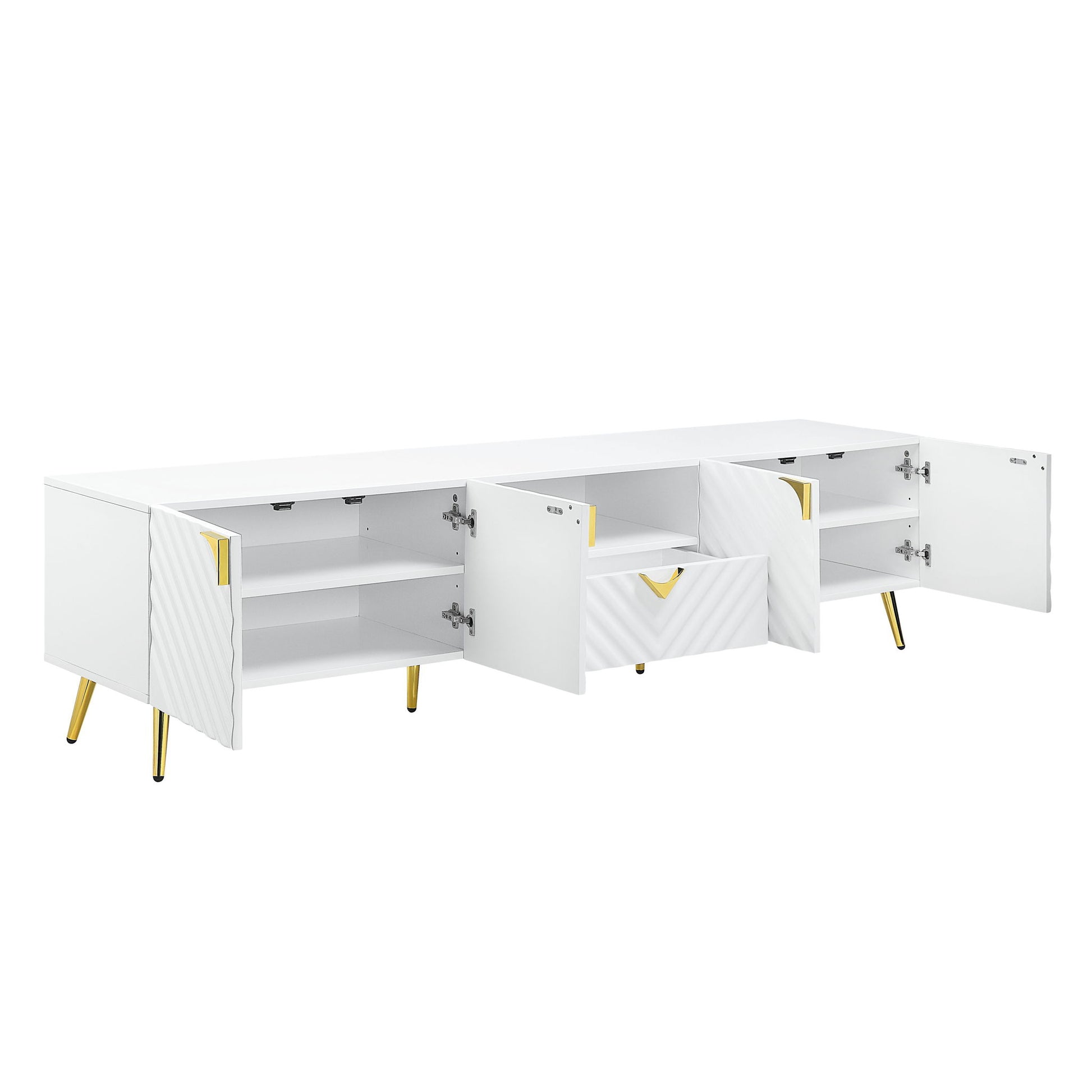 The Gaines High Gloss TV Stand in white features gold legs, two open side cabinets, a central open shelf, and a partially open drawer to reveal ample interior storage.