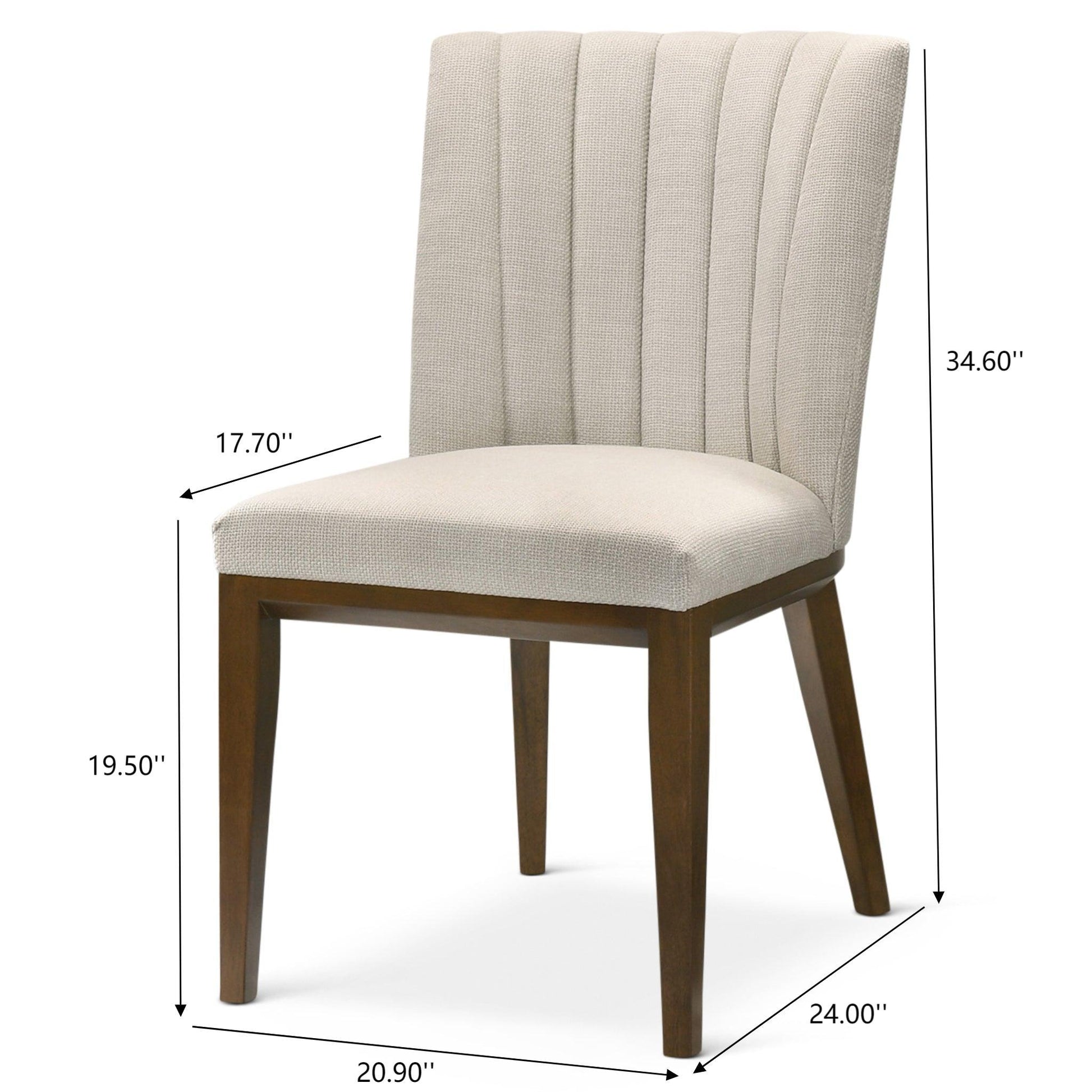 The Elmwood - Stylish Dining Chair (Set of 2) features beige upholstery, vertical backrest stitching, wooden legs, and measures 34.6"H x 20.9"W x 24"D with a seat height of 19.5" and seat depth of 17.7".