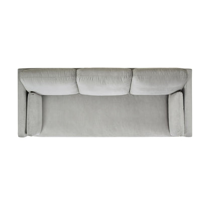 Top-down view of the Knox - Modern Farmhouse Sofa in light gray with three cushions, straight armrests, and smooth upholstery, isolated on a white background.
