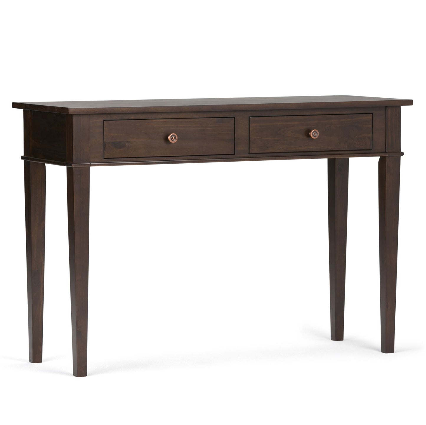 The Carlton Console Sofa Table in Dark Tobacco Brown features two drawers and four tapered legs, displayed against a plain white background.