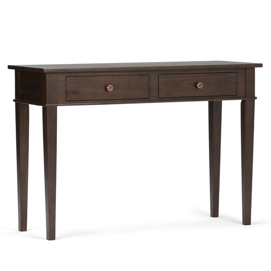 The Carlton Console Sofa Table in Dark Tobacco Brown features two drawers and four tapered legs, displayed against a plain white background.