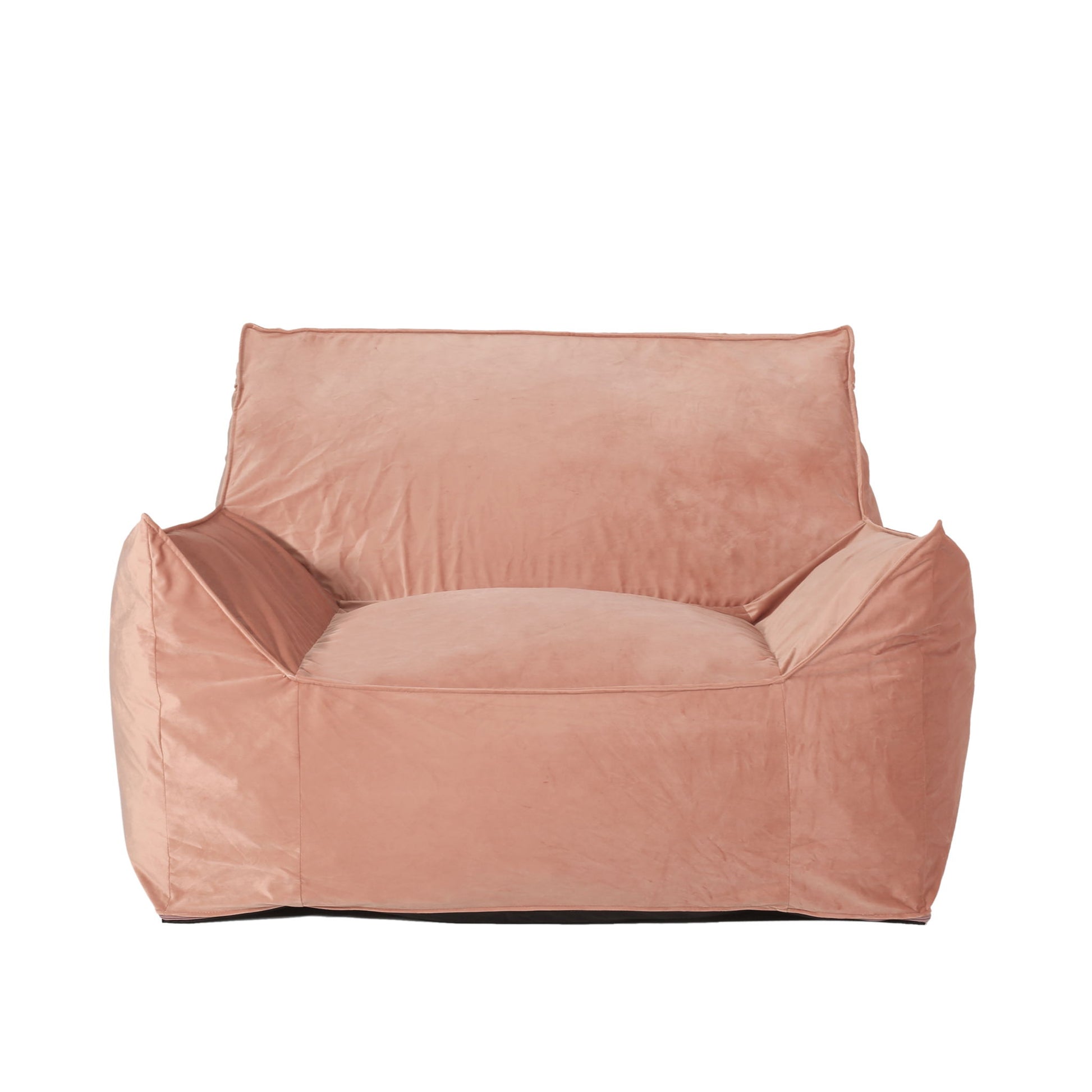The Allea - Bean Bag Chair With Armrests features a spacious blush pink velvet design, wide seat, and angled backrest, displayed against a white background.